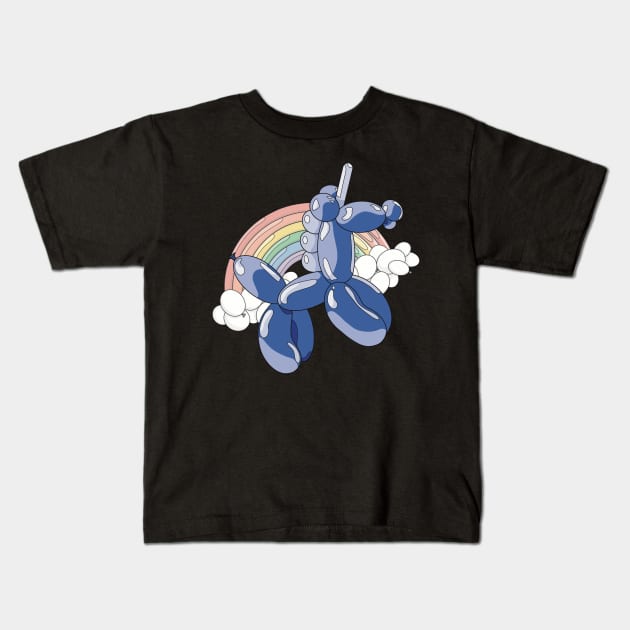 A light and dark blue unicorn balloon with a ballon rainbow and balloon clouds behind it. Kids T-Shirt by Fruit Tee